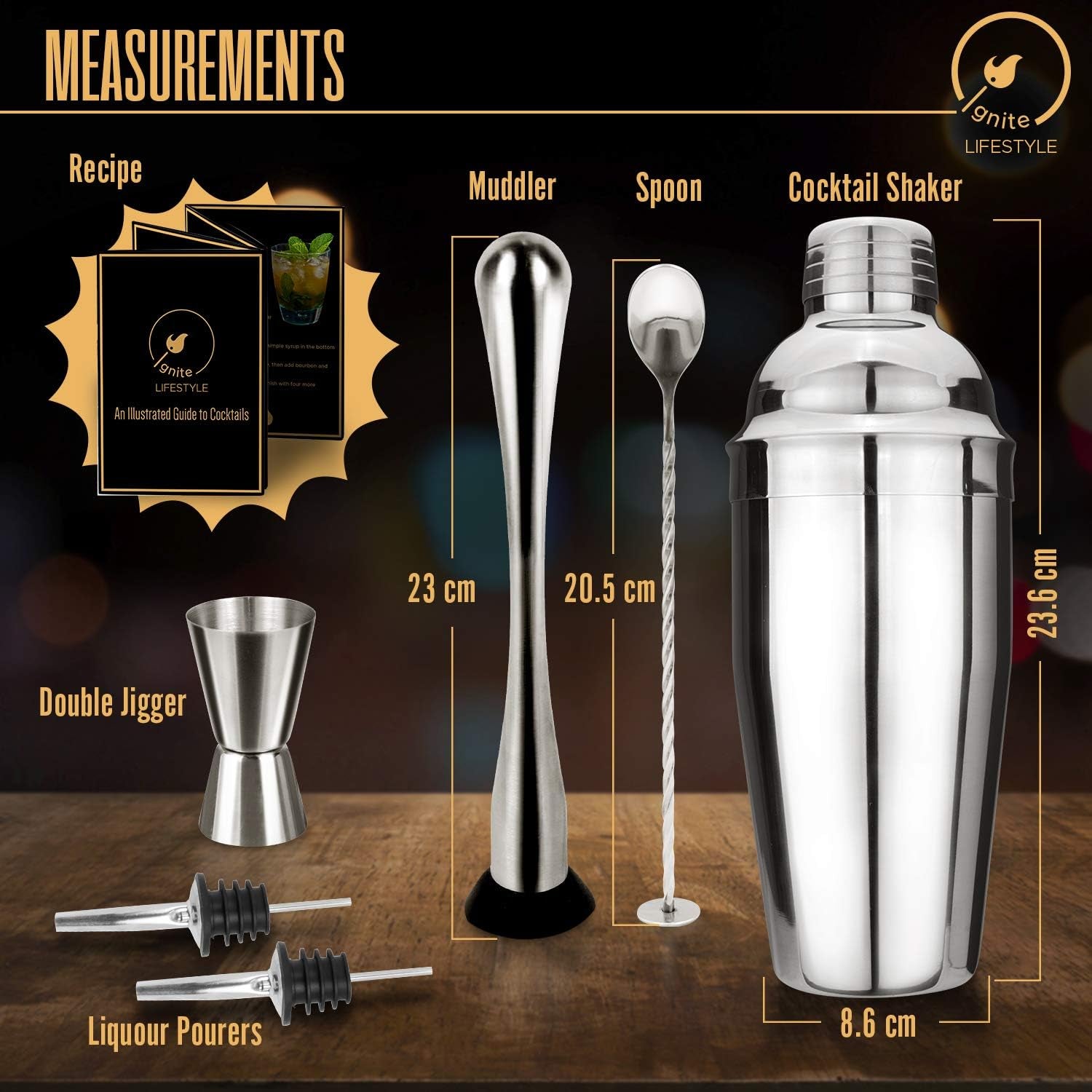 Cocktail Shaker Set - 24Oz Martini Shaker with Built-In Strainer, Recipe Book, Muddler, Mixing Spoon, Measuring Jigger, 2 Liquor Pourers - Drink Shaker, Bartender Kit for Home Bars