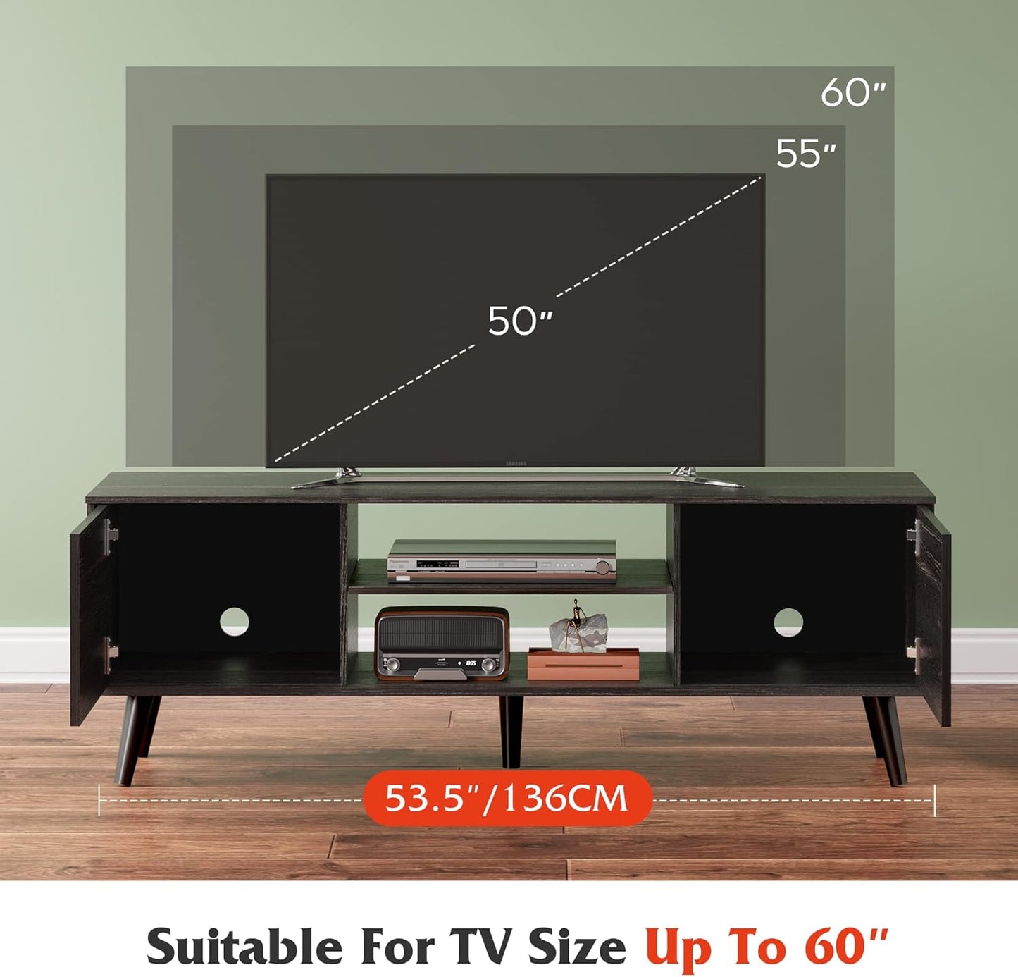 TV Stand for 55 60 Inch TV, Modern Entertainment Center with Storage Cabinets, Mid Century TV Console Table for Bedroom, TV Stand for Living Room, Charcoal Black