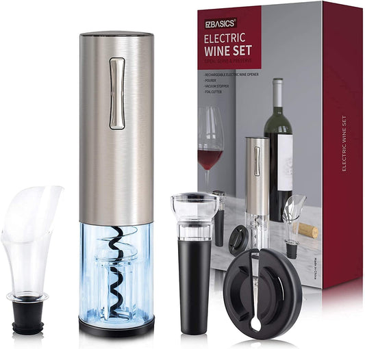 Electric Wine Opener, Automatic Wine Bottle Opener Set with Foil Cutter Vacuum Stopper and Wine Aerator Pourer for Wine Lovers Gift Home Kitchen Party Bar Wedding Rechargeable, Silver - Design By Technique