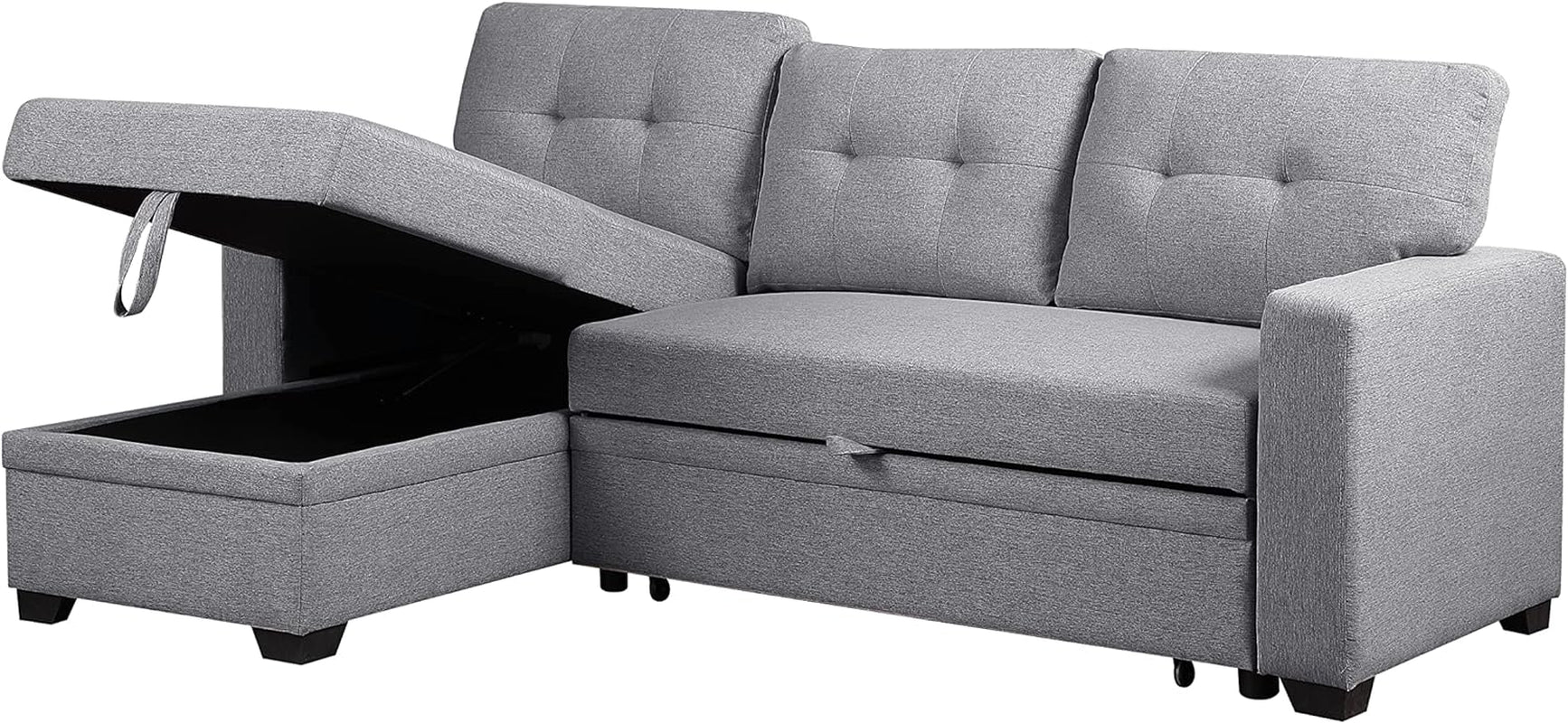 L-Shape Convertible Sleeper Sectional Sofa with Storage Chaise and Pull-Out Bed, Linen Upholstered Reversible Corner Couch W/Arms for Living Room, Apartment, Home Furniture,Light Grey