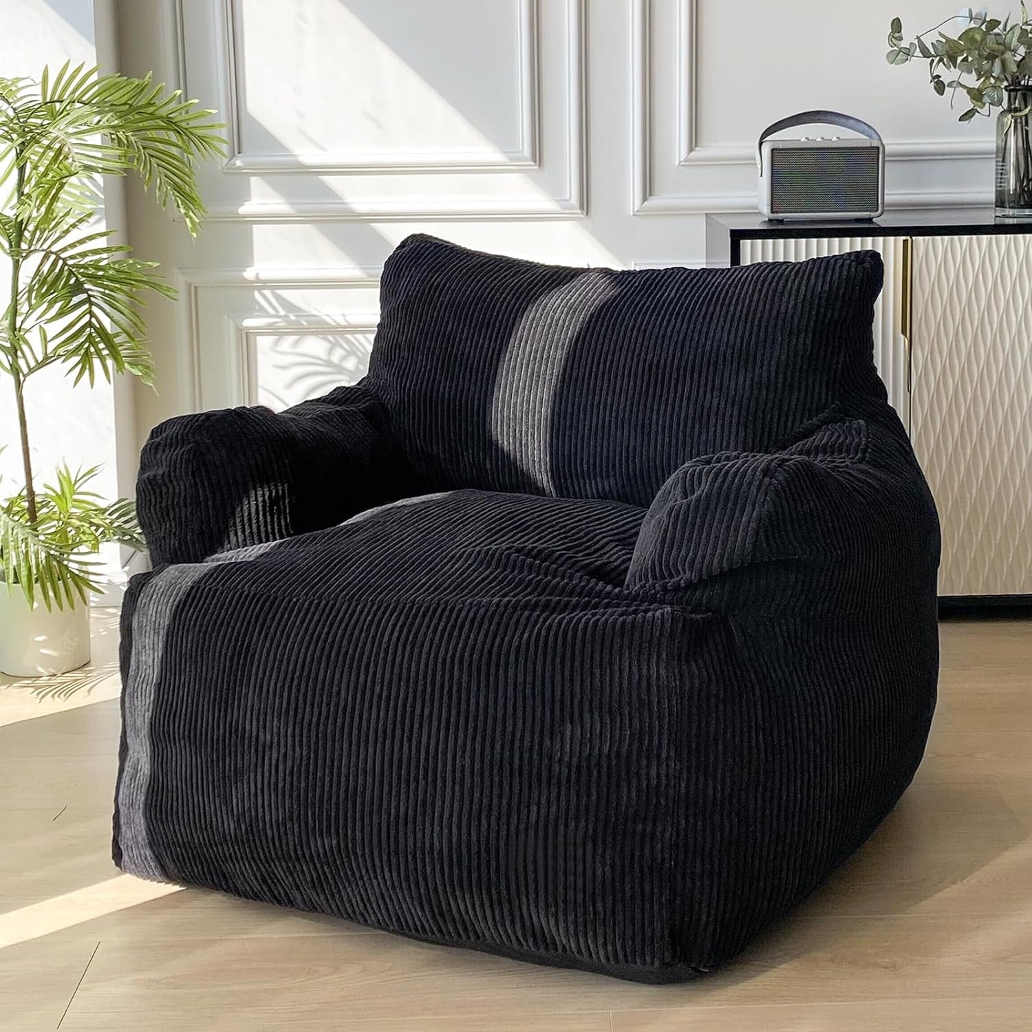 Giant Bean Bag Chair, Stuffed Bean Bag Couch with Filler Large Living Room Bean Bag Chair for Adults, Big Lazy Sofa Accent Chair with Pocket Floor Chair for Gaming, Reading, Black