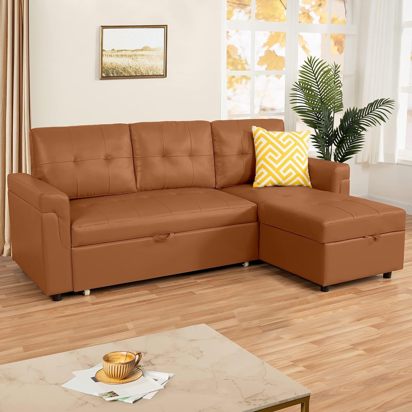 Transform Any Space: Sleeper Sectional Sofa with Convertible Sofa Bed & Inviting Chaise. Find Tranquil Comfort with Stress-Relieving Design & Durable Cushions - Caramel,Air Leather