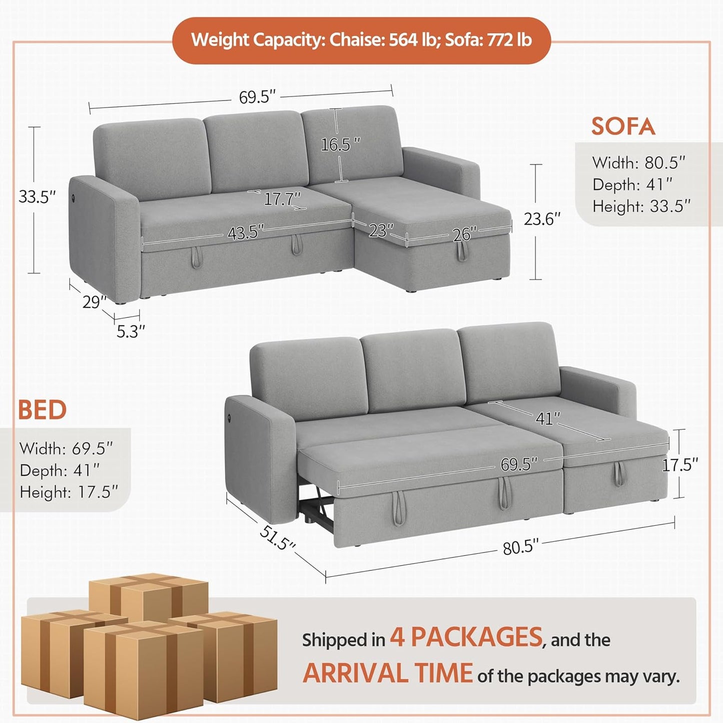 Sectional Sofa L-Shaped Sofa Couch Bed W/Chaise & USB, Reversible Couch Sleeper W/Pull Out Bed & Storage Space, 4-Seat Fabric Convertible Sofa, Pull Out Couch Light Gray