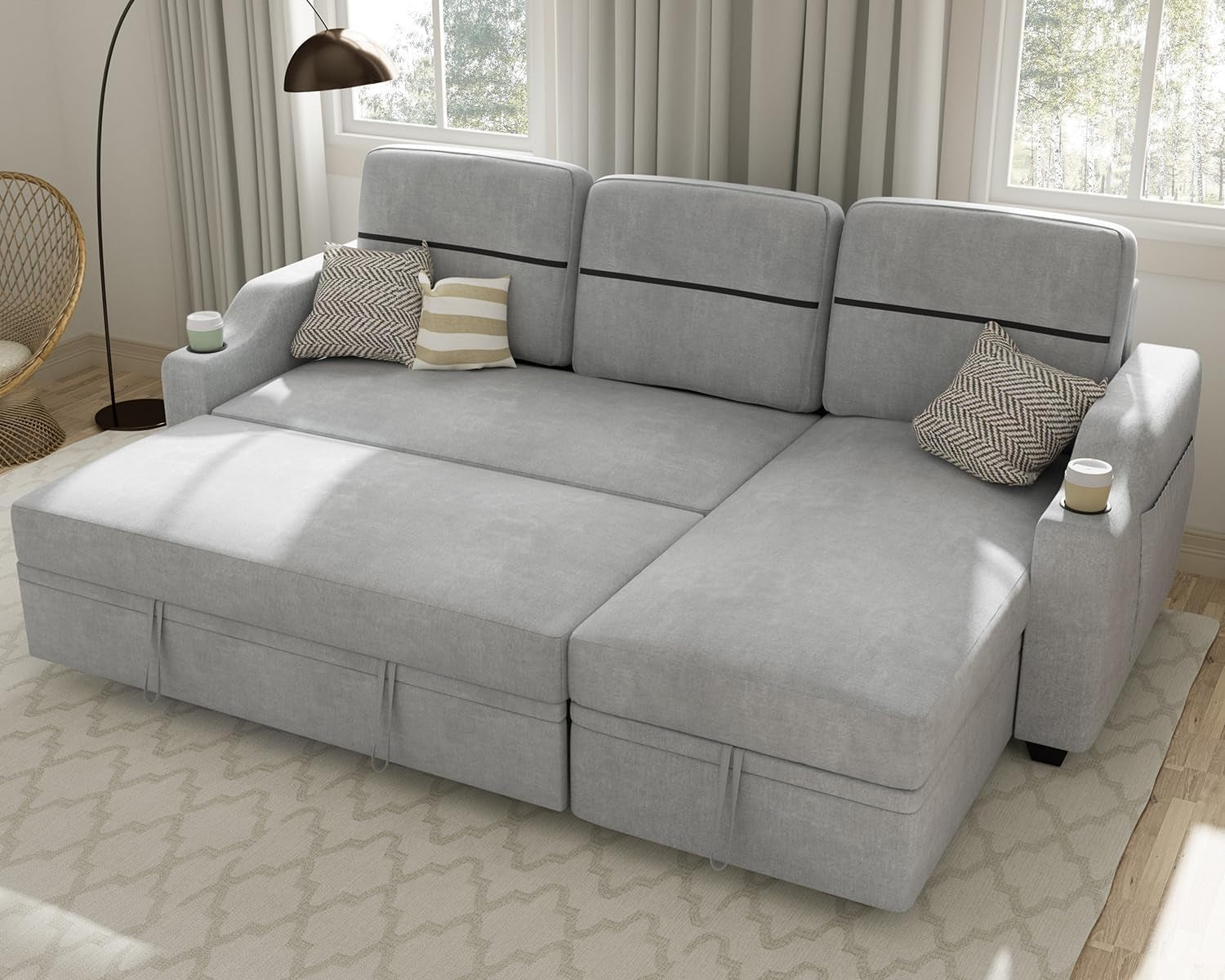 Sectional Sofa Couch, 82" Sleeper Sofa Bed with Reversible Storage Chaise Pull Out Couch for Living Room | Side Pocket | Cup Holders | Removable Backrest | Linen Fabric, Light Grey