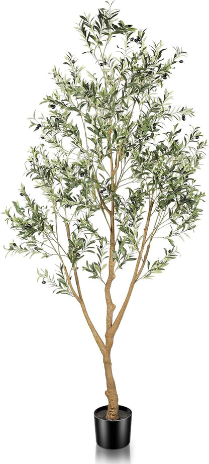 Faux Olive Tree 8Ft (96") - 8Ft Tall Fake Olive Silk Tree for Modern Home Office Decor - Artificial Olive Tree Indoor with Natural Wood Trunk and Lifelike Fruits