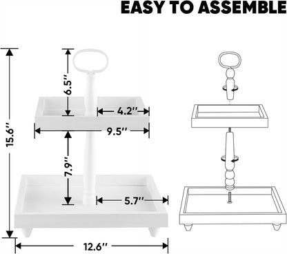 Rustic Wooden 2 Tiered Tray,  Square Wooden Serving Decorative Trays with Metal Handle for Farmhouse Party Table Decor Housewarming Gifts White with Bead Garland