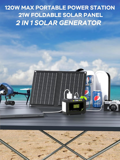 Camping Solar Generator 88Wh Portable Power Station 120W Peak Generator with Solar Panel Included 21W, AC, DC, USB QC3.0, LED Flashlight for Outdoor Home Camping Fishing Emergency Backup