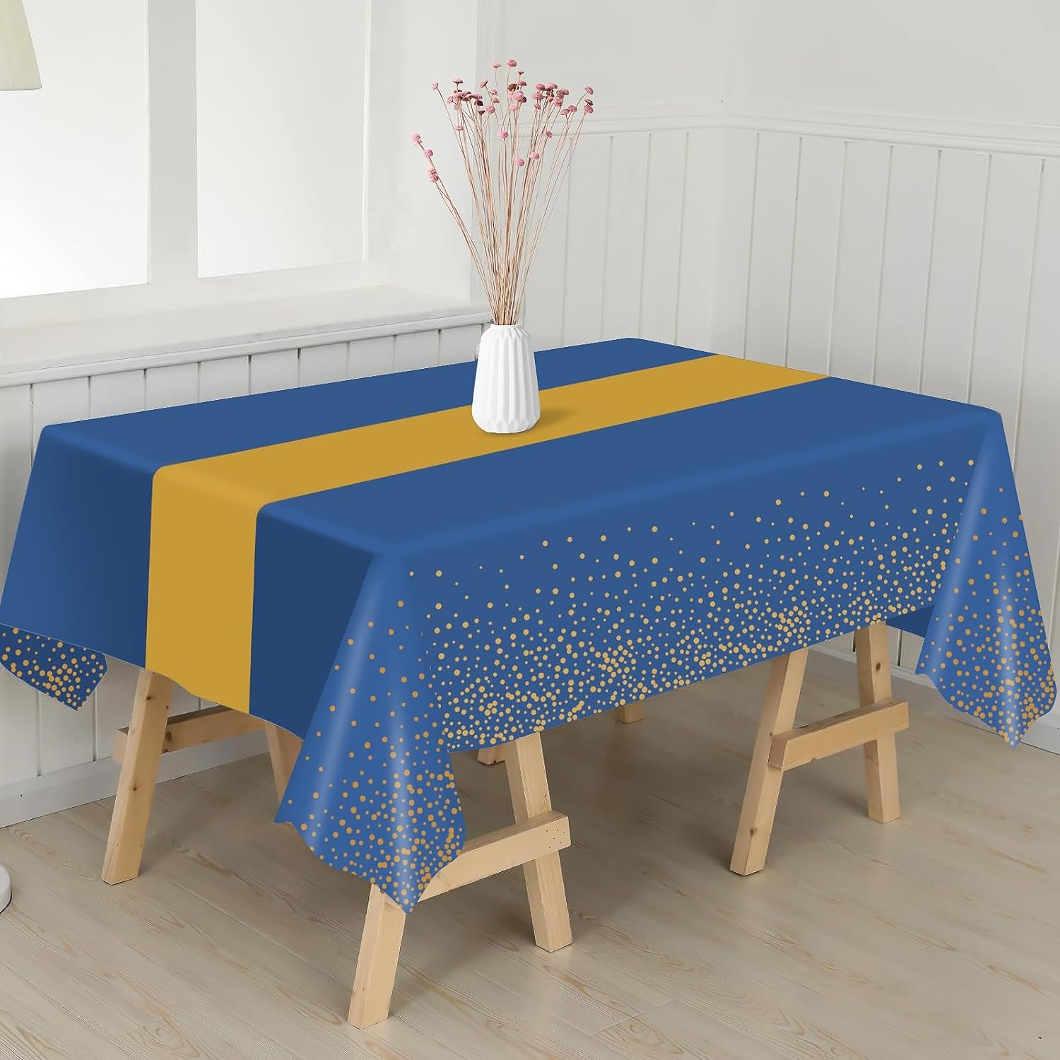 Tablecloths for Rectangle Tables, 3 Pack 54" X 108" Disposable Plastic Table Cloth, Blue Gold Dot Tablecloths Disposable Tablecloth for Weddings Buffet Table