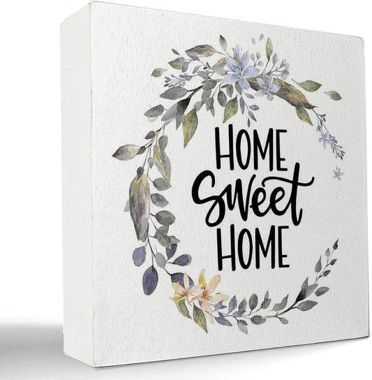 Home Sweet Home Wreath Wooden Box Sign Desk Decor,Rustic Farmhouse Wood Block Plaque Box Sign for Home Living Room Shelf Table Decoration