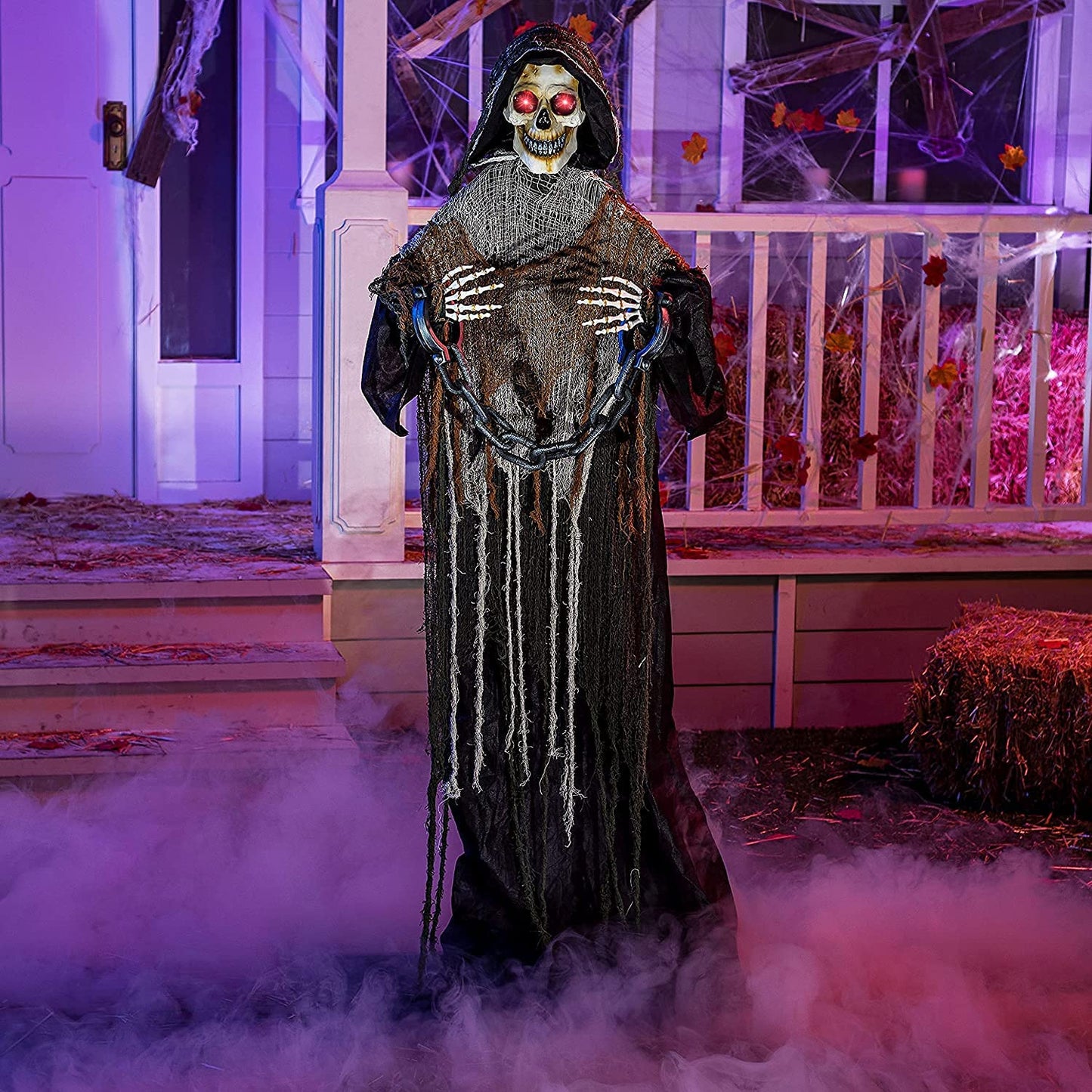 67" Halloween Animatronics Grim Reaper with Chain, Halloween Skeleton Life Size with Light-Up Eyes and Creepy Sound, Scary Halloween Decorations outside Haunted House Props Outdoor Holiday Decor