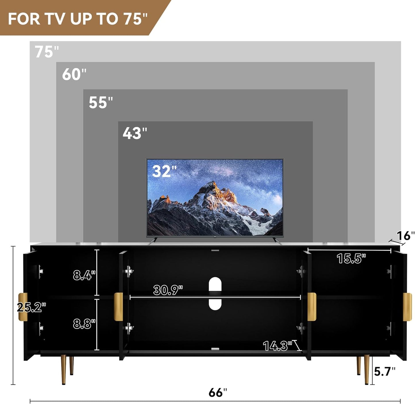 Modern TV Stand for 70 Inch TV, Black TV Console with 4 Glass Doors, Entertainment Center with Storage Cabinet, Wood Media Cabinet with Gold Leg, 65” TV Stands for Living Room