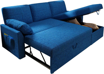 Sofa Bed, Sleeper Sofa with Storage Chaise- 2 in 1 Pull Out Couch Sofa for Home Office, Living Room, Comfy Sofa Sleeper, Blue Linen Couch