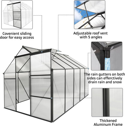 6X10 FT Polycarbonate Walk in Greenhouse, Green House with Adjustable Roof and Sliding Door, up to 70% Light Transmission Panels & Drainage System, for Outdoors Indoor outside Heavy Duty, Black - Design By Technique