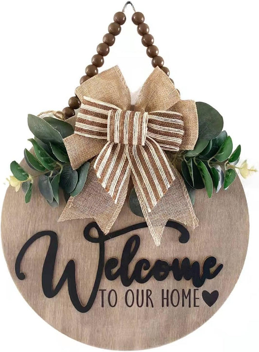 3D Welcome Sign for Front Door | Home/Farmhouse Porch Décor Wooden Hanging Sign with Artificial Leaves and Rustic Beads | Christmas Classroom |12" Round