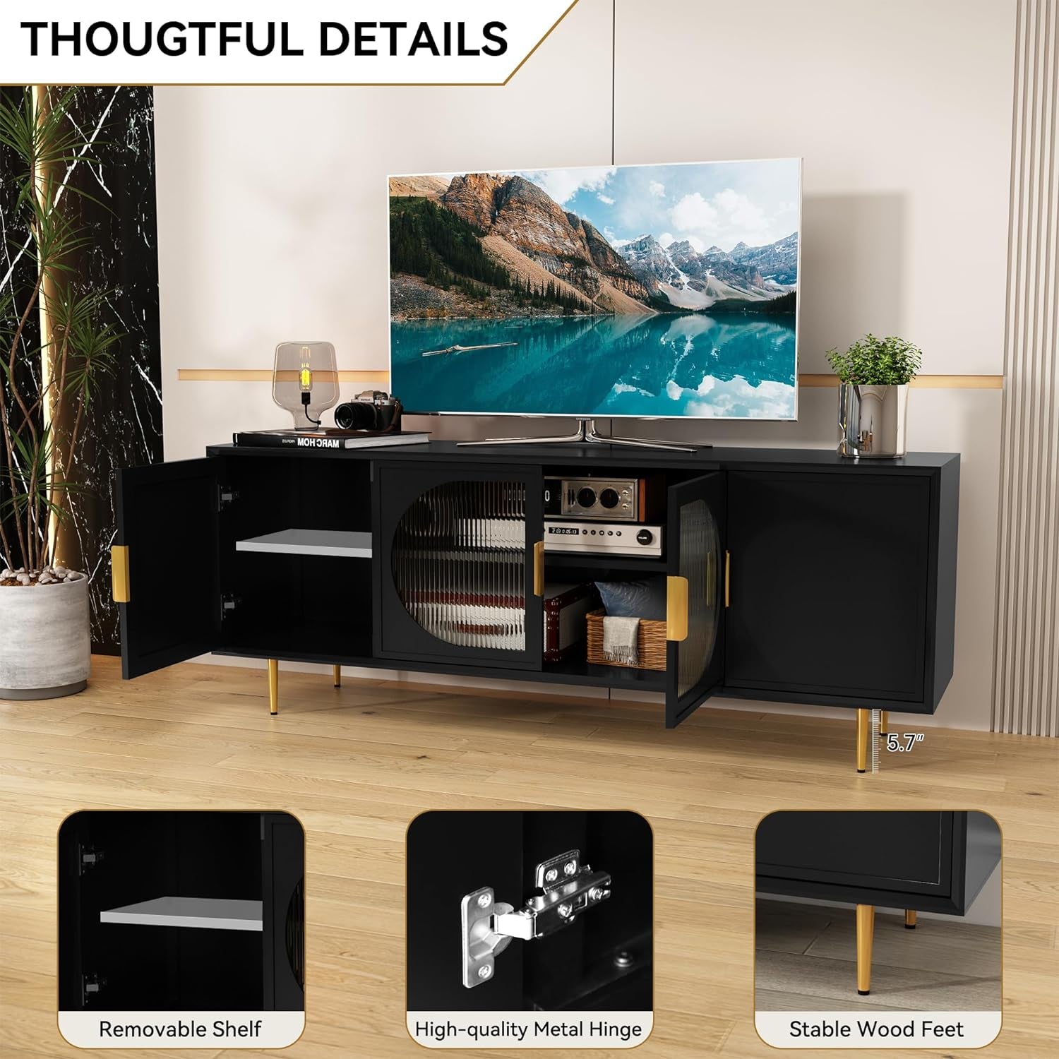 Modern TV Stand for 70 Inch TV, Black TV Console with 4 Glass Doors, Entertainment Center with Storage Cabinet, Wood Media Cabinet with Gold Leg, 65” TV Stands for Living Room