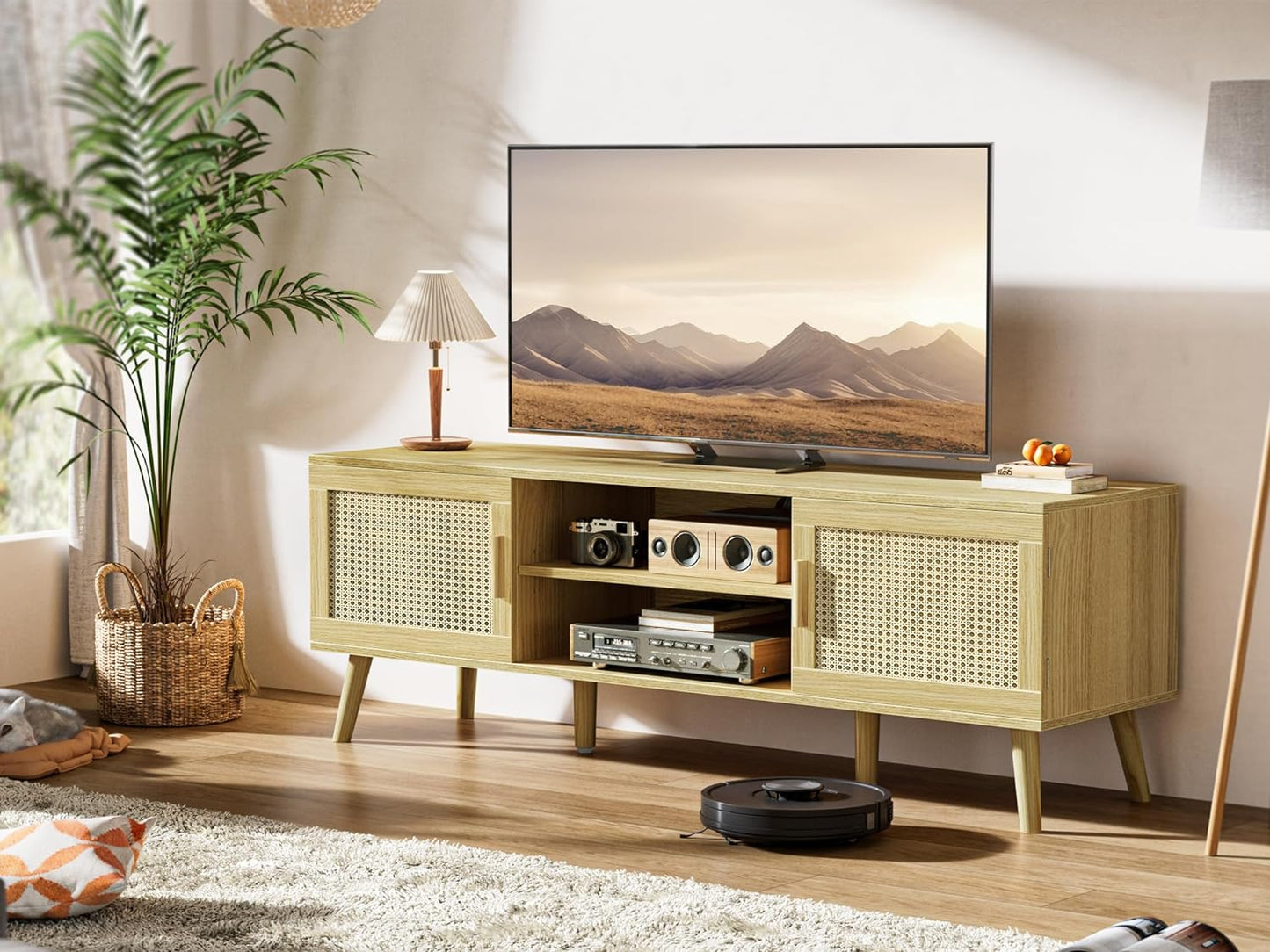 Boho TV Stand for 55 Inch TV, Entertainment Center with Adjustable Shelf, Rattan TV Console with 2 Cabinets, Media Console, Solid Wood Feet, 4 Cord Holes, for Living Room - Natural