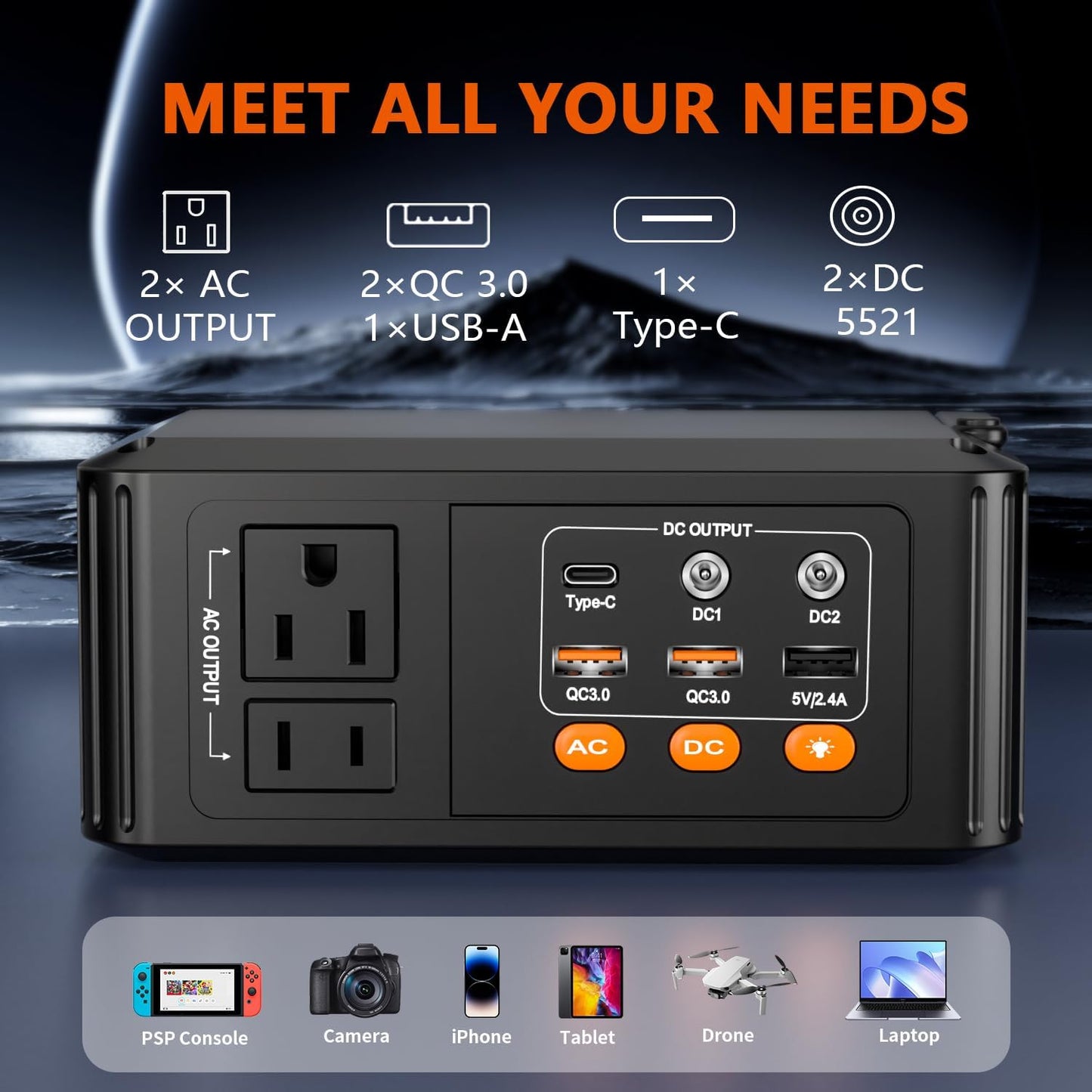 120W Portable Power Station, 88Wh Solar Generator, Lithium Battery Power with 2 110V AC (Peak 150W) Socket/ 2 DC Ports/3 USB QC3.0/LED Light for Outdoor Camping Trip Hunting Emergency