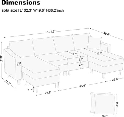 U Shaped Sectional Sofa Velvet Convertible Sofa with Reversible Chaises Sectional Couches with Ottomans for Living Room (Grey)…