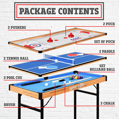 4 in 1 Multi Game Table, 4’X2’ Folding Portable Sports Arcade Games with Accessories, Ping Pong, Air Hockey, Pool Billiards, and Shuffleboard, for Indoor, Outdoor, All Ages