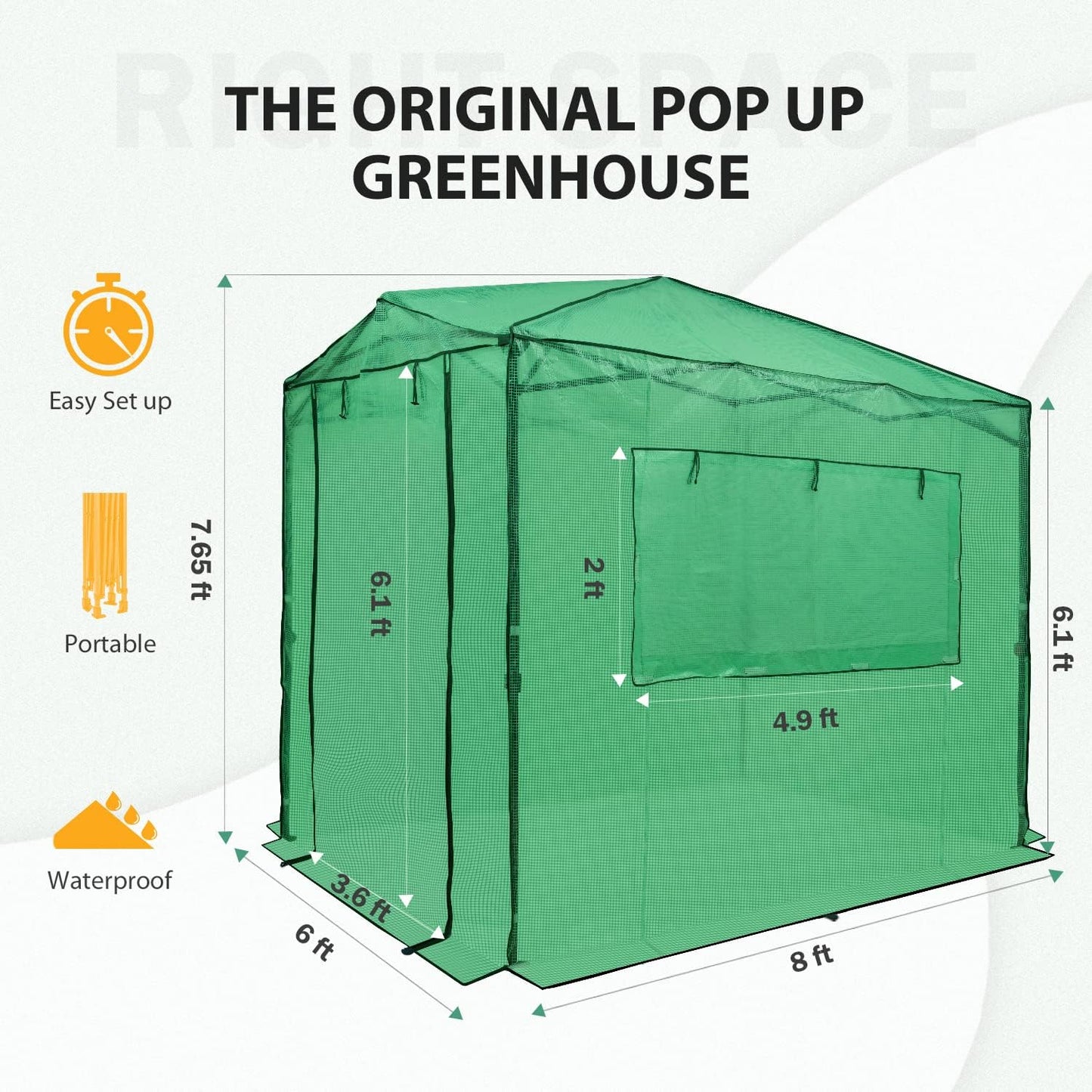 8X6 Portable Walk-In Greenhouse, Pop-Up Indoor Outdoor Garden Green House, Zippered Doors and Windows, PE Cover, Green - Design By Technique