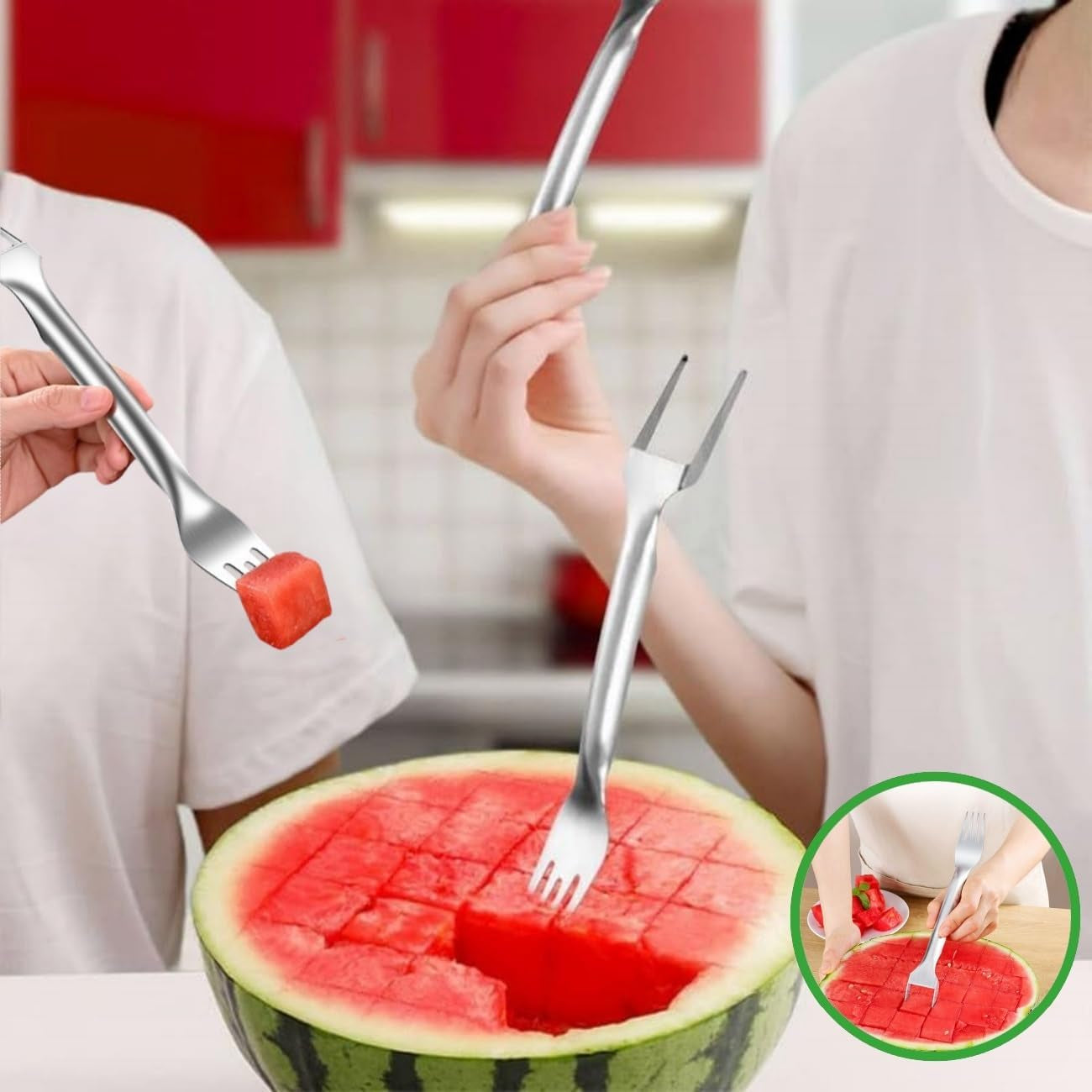 2-In-1 Stainless Steel Fruit Cutter, 2024 New Watermelon Fork Slicer Cutter Slicer Tool, Dual Head Fruit Forks Slicer Knife(1Pcs)