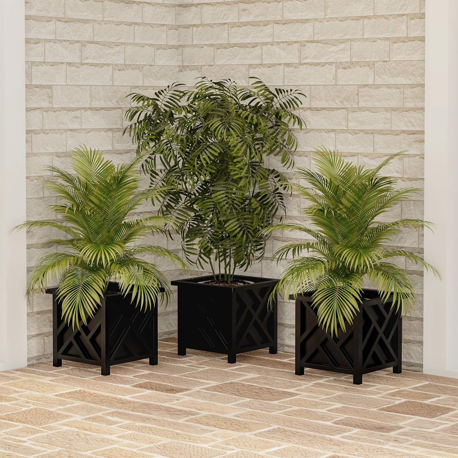Lattice Design Planter Box – 14.75-Inch-Square Decorative Outdoor Flower or Plant Pot – Front Porch, Patio, and Garden Decor (Black) - Design By Technique