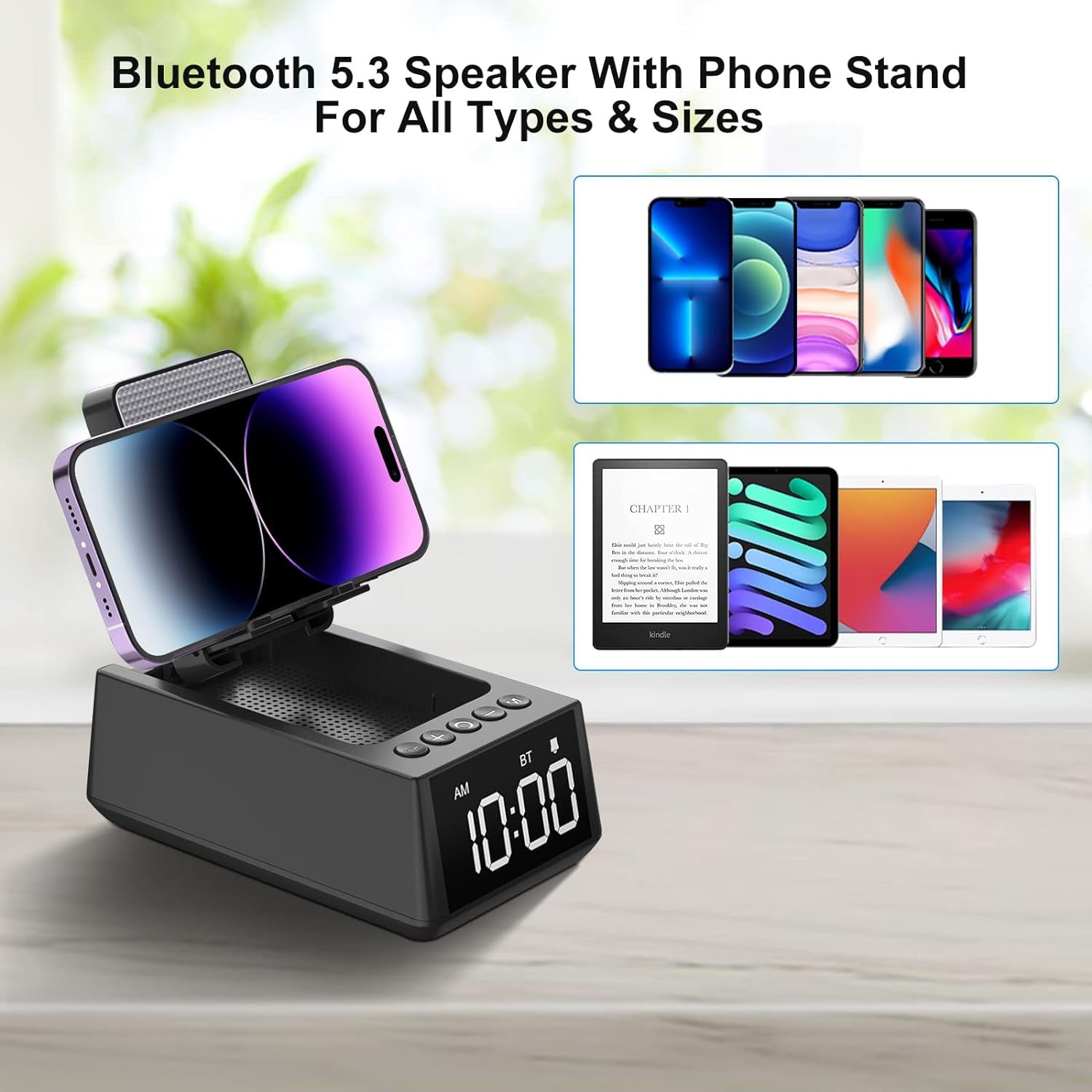 Wireless Bluetooth Speaker with Cell Phone Stand Loud Alarm Clock TF Card Reader 12H Display Mic HD Surround Sound Kitchen Bedroom Office Cell Phone＆Tablet (Black)