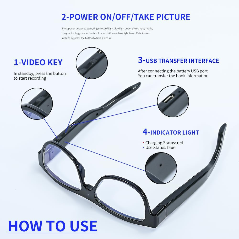 Smart Video Camera Glasses: 1080P HD Outdoor Sports Camera Video Glasses with 32G Card, Mini Wearable Portable Video Recording Eye Glasses for Cycling, Hiking, Fishing, Climbing and Traveling