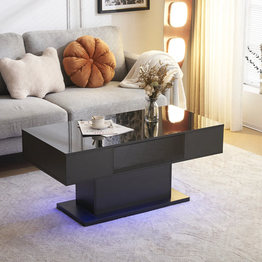LED Coffee Table with 1 Drawers, High Gloss Cocktail Table Accent Furniture for Living Room 43.3" Black - Design By Technique