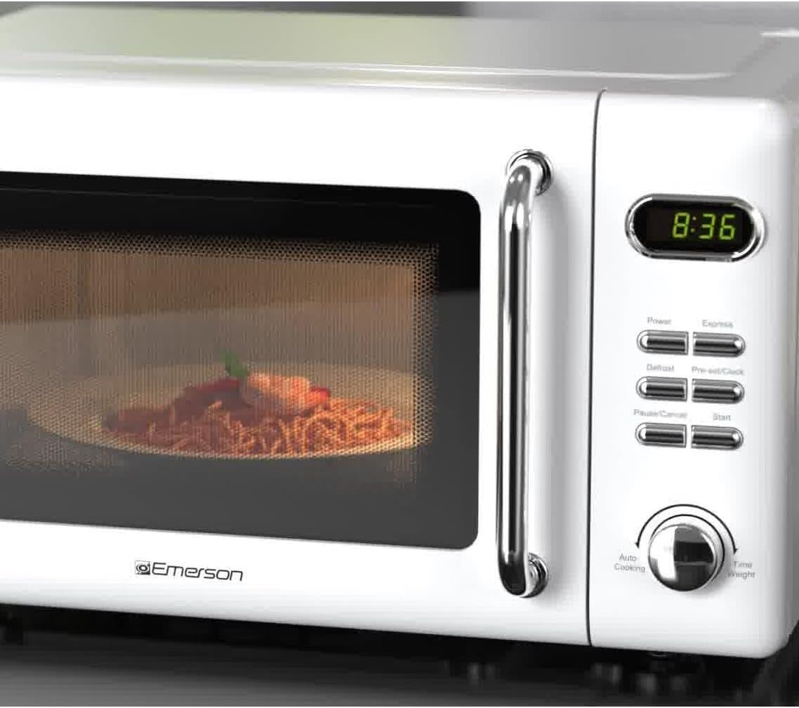 MWR7020W Compact Countertop Microwave Oven with Button Control, LED Display, 700W 5 Power Levels, 8 Auto Menus, Glass Turntable and Child Safe Lock, 0.7, Retro White