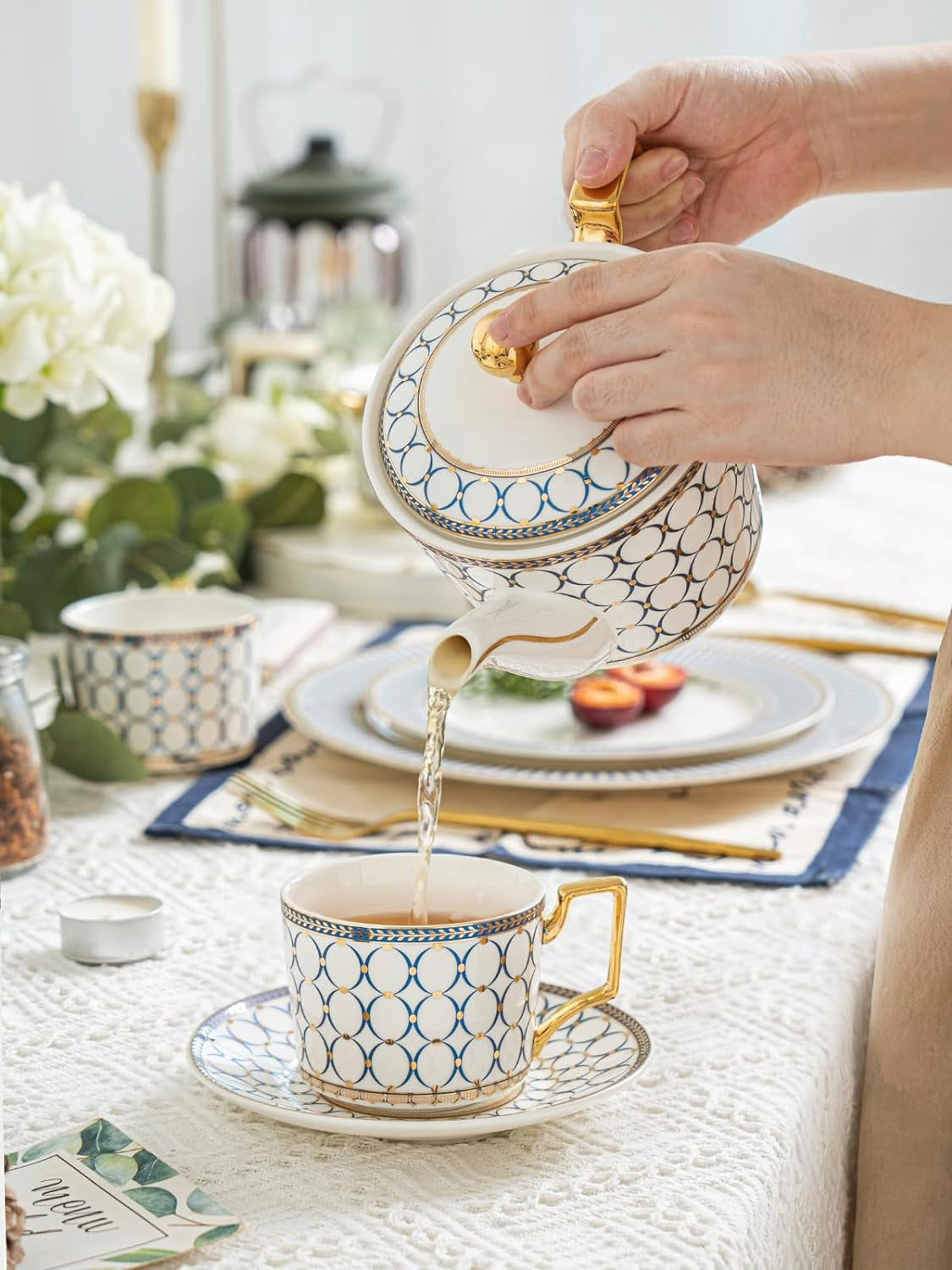 -7 Oz Bone China Blue Tea Cup and Saucer Service for 4,Afternoon Porcelain Tea Set with Teapot,Tea Sets for Women Tea Party.…