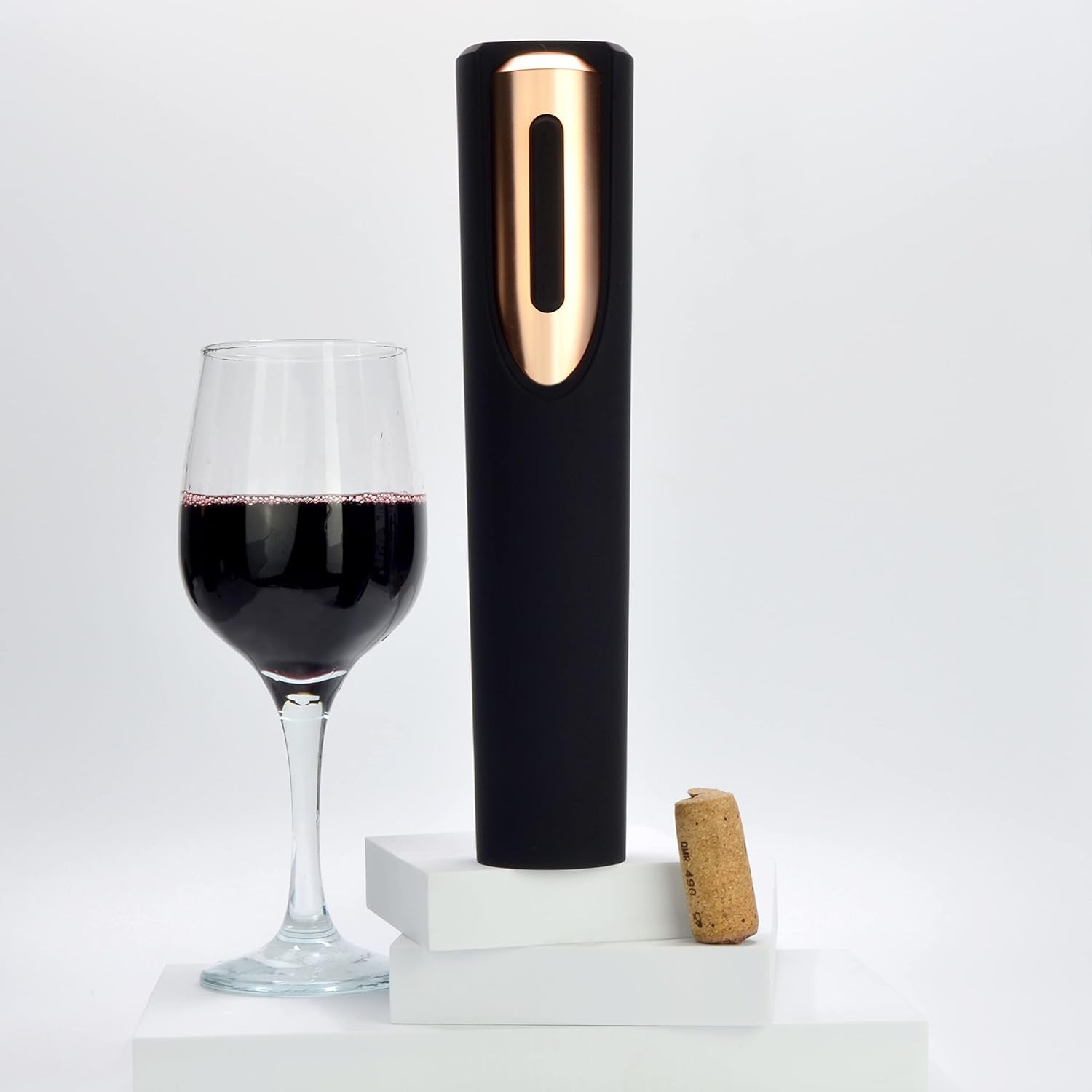 Battery Operated Electric Wine Opener - Includes Stand with Built-In Foil Cutter - Electric Corkscrew Wine Opener - Great Gift for Wine Lovers (Black and Rose Gold)