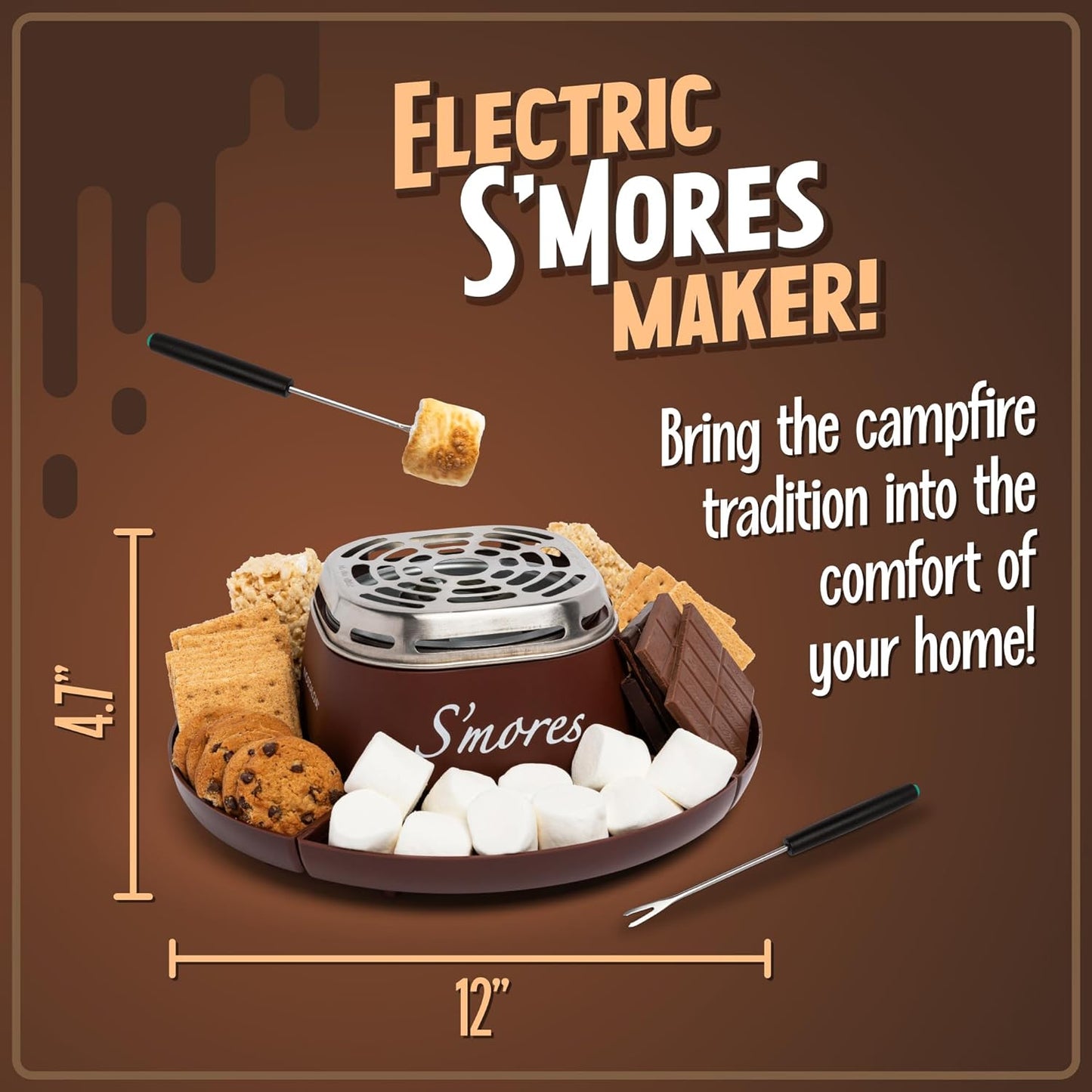 Tabletop Indoor Electric S'Mores Maker - Smores Kit with Marshmallow Roasting Sticks and 4 Trays for Graham Crackers, Chocolate, and Marshmallows - Movie Night Supplies - Brown