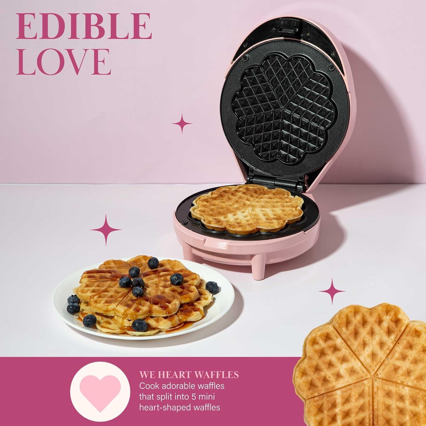 Heart Waffle Maker, Makes 5 Mini Heart Shaped Waffles or 1 Individual Waffle, Easy to Clean 6" Nonstick Plates, Made without PFAS or PFOA, Electric Waffle Iron, Pink