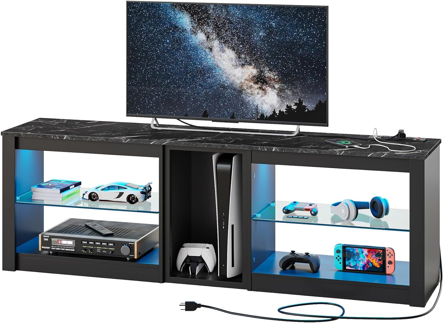 TV Stand for 70 Inch TV with Power Outlets, LED Entertainment Center for PS5, Gaming TV Consoles with Glass Shelves for Living Room, 63'' Inch, Black Marble