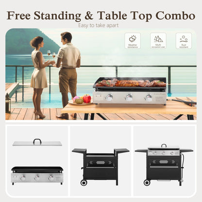 3-Burner Propane Gas Griddle Outdoor Flat Top Gas Grill Can Be Detached Table Top Griddle for Camping