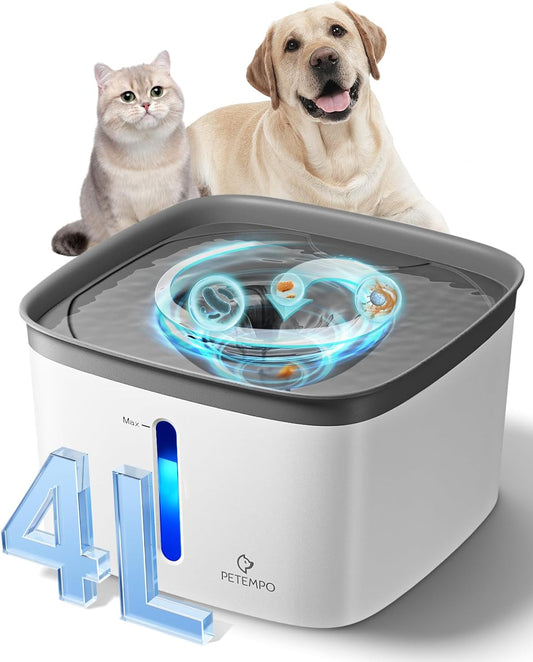 Cat Water Fountain, 135Oz/4L Ultra Quiet Dog Water Bowl Dispenser, Instant Clean Vortex Design, Pet Water Fountain with Filter, Cats Dogs Pets Fountain for Drinking Automatic with LED Light (Gray)