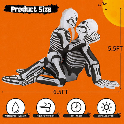 6.5 FT Long Halloween Inflatables Skeleton Outdoor Decorations Blow up Yard Cuddling Couple Lovers with Built-In Leds for Garden Lawn Indoor Party Decor