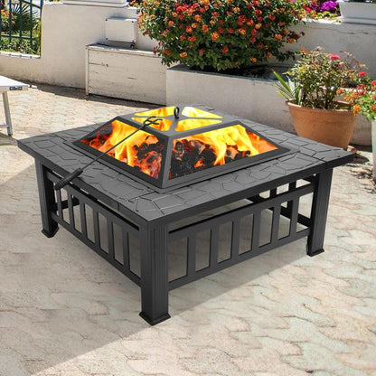 Wooden 32" Metal Fire Pit Patio Garden Square - Design By Technique