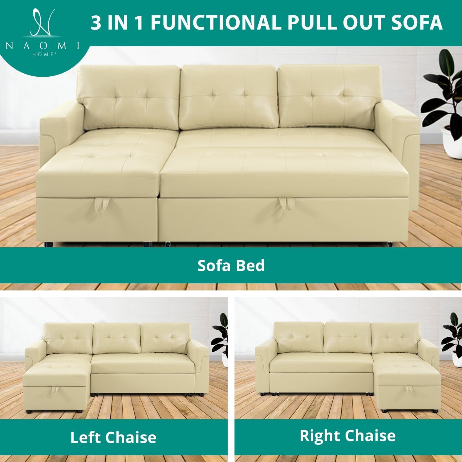 Transform Any Space: Sleeper Sectional Sofa with Convertible Sofa Bed & Inviting Chaise. Find Tranquil Comfort with Stress-Relieving Design & Durable Cushions - Cream/Air Leather