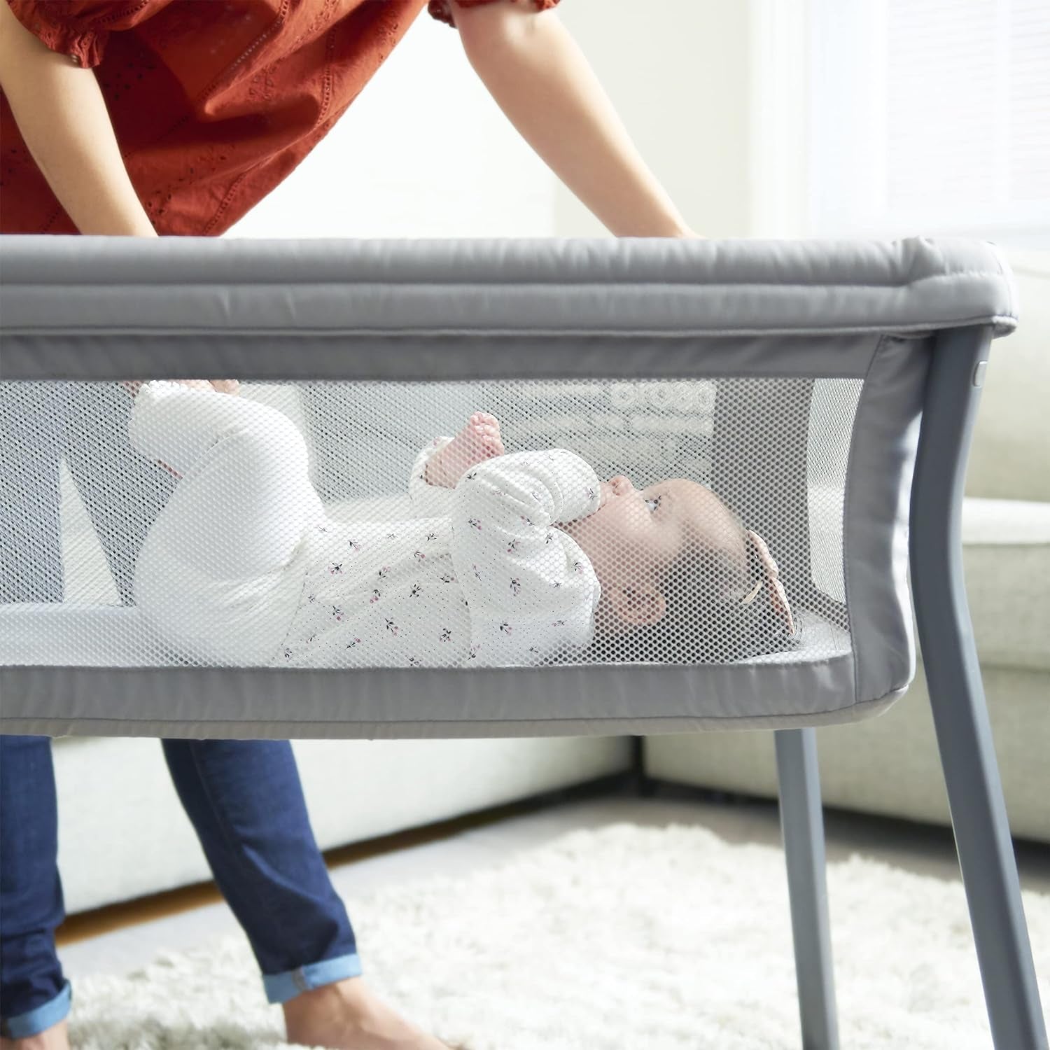 Lullago® Anywhere Portable Bassinet, Lightweight, Space-Saving Baby Bassinet with Waterproof Mattress and Fitted Sheet, Travel Bassinet for Baby Includes Carry Bag | Sandstone/Grey - Design By Technique
