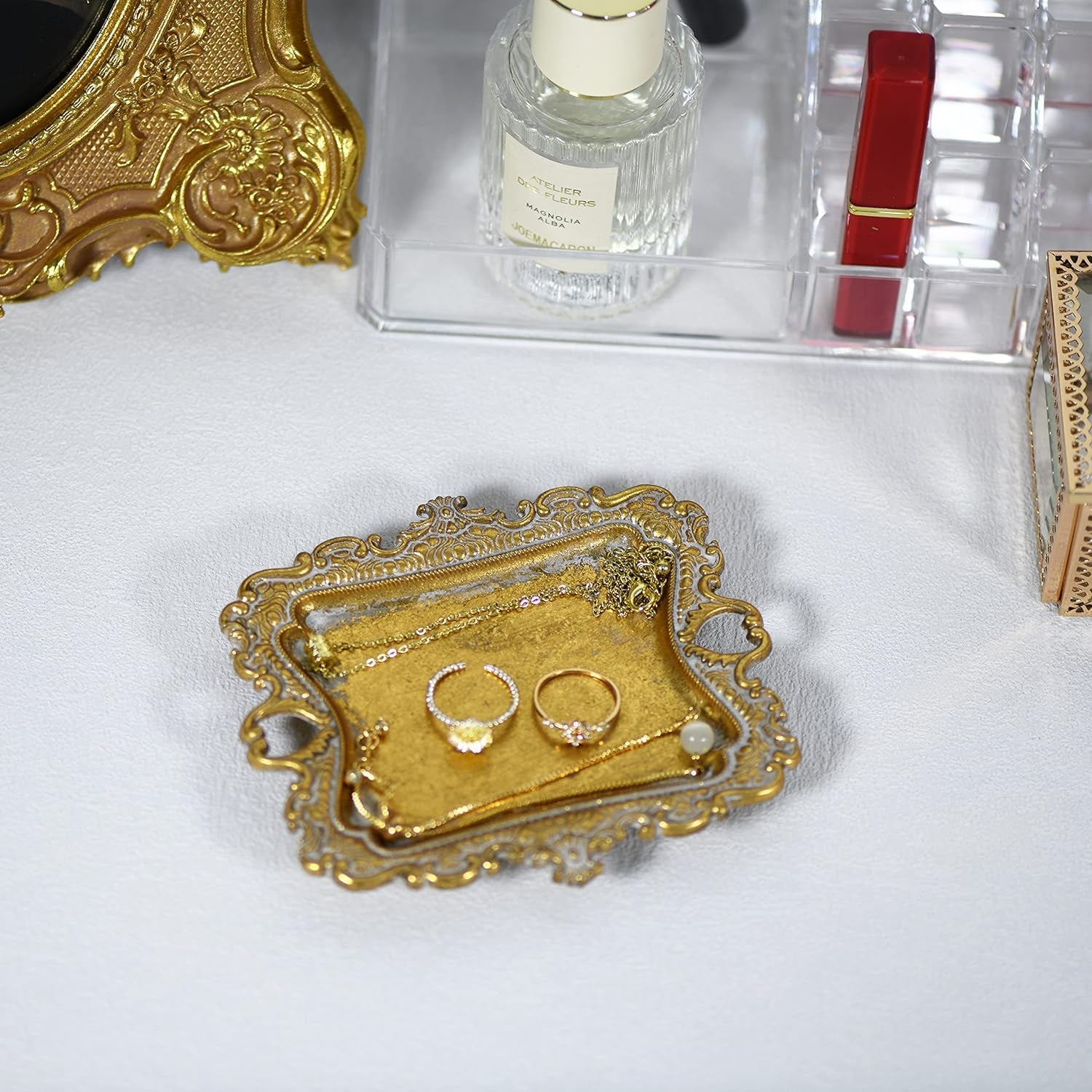 Small Antique Trinket Dish Vintage Jewelry Tray, Ring Holder (Gold-2Pack)