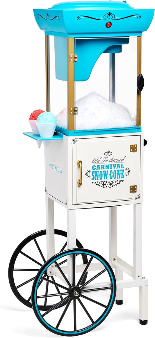 Snow Cone Shaved Ice Machine - Retro Cart Slushie Machine Makes 48 Icy Treats - Includes Metal Scoop, Storage Compartment, Wheels for Easy Mobility - White, Blue