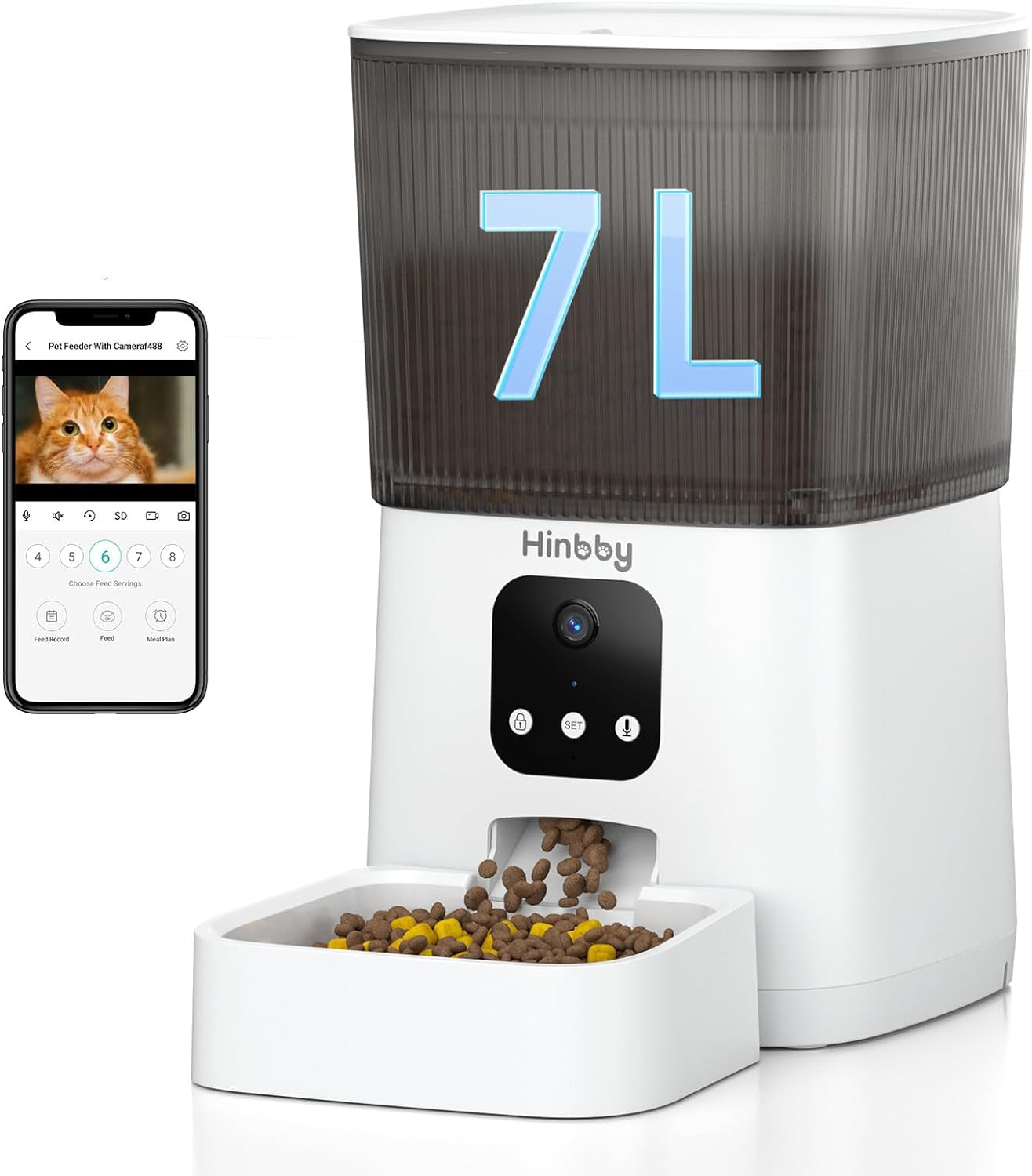 Automatic Cat Feeder with 1080P Camera, 7L Wifi Cat Food Dispenser with Remote App Control, Voice & Video Record, Dual Power Supply, Automatic Dog Feeder Auto Pet Dry Food Feeders for Cats