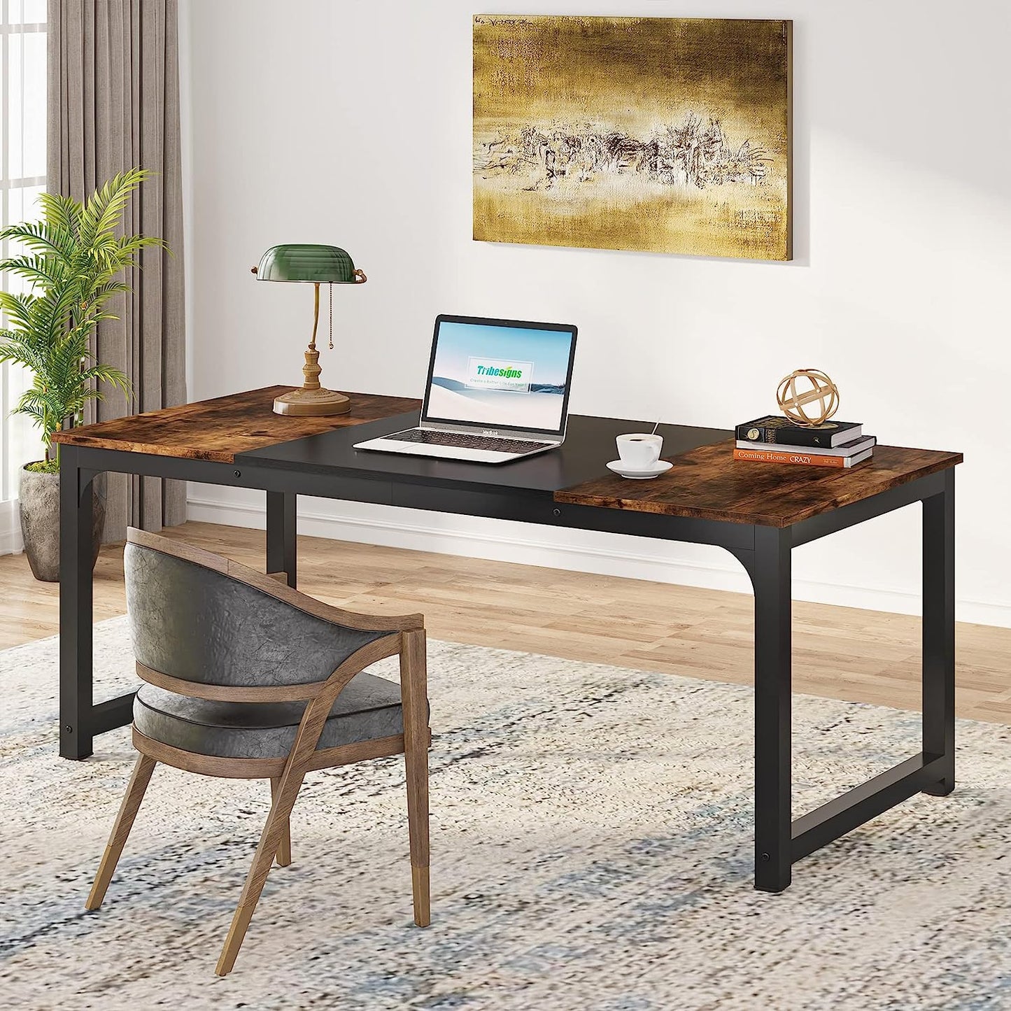 Modern Computer Desk, 63 X 31.5 Inch Large Office Desk Computer Table Study Writing Desk Workstation for Home Office, Vintage Black Metal Frame