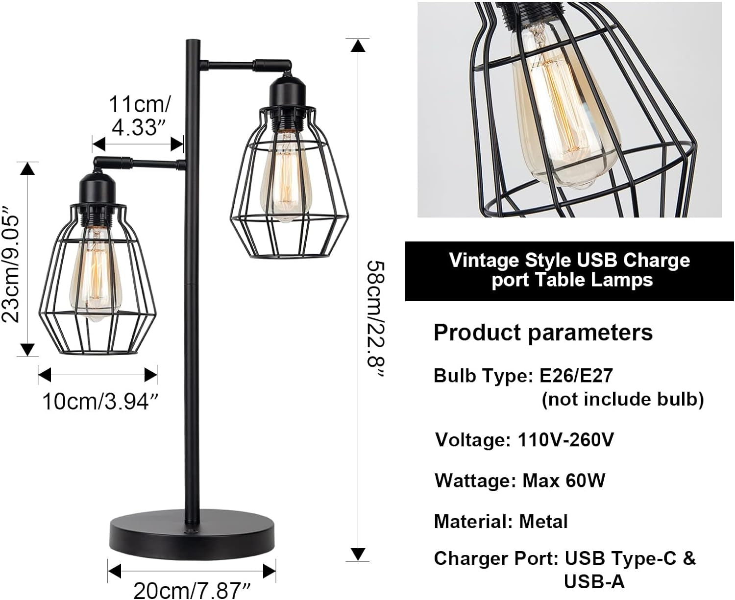 Industrial Table Lamp Steampunk Vintage Desk Lamp with 2 USB Ports Retro Iron Cage E26 Metal Rustic Bedside Lamp for Bedroom Office Living Room