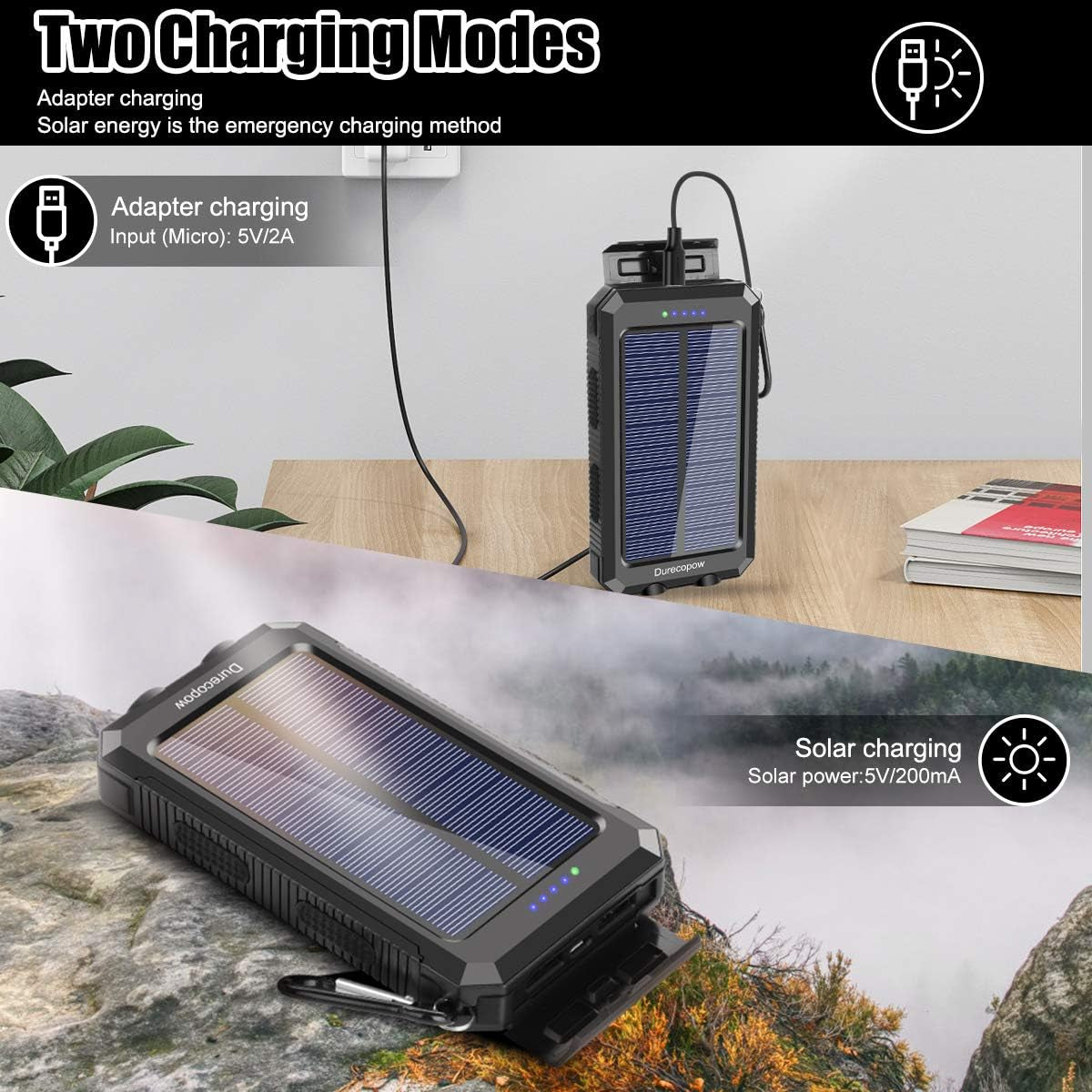 Solar Charger, 20000Mah Portable Outdoor Waterproof Solar Power Bank, Camping External Backup Battery Pack Dual 5V USB Ports Output, 2 Led Light Flashlight with Compass (Black)