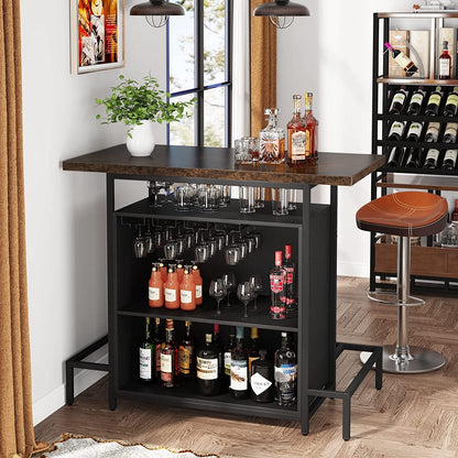 Home Bar Unit 3-Tier Liquor Bar Table with Glasses Holder Wine Storage