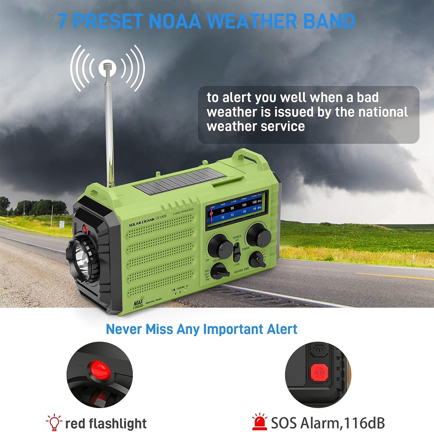 NOAA Weather Radio, Emergency Hand Crank Radio with Solar Charger, Portable Battery Operated AM FM Shortwave Radio with LED Flashlight, USB Charger, Earbud Jack, SOS Alert for Home Survival Hurricane