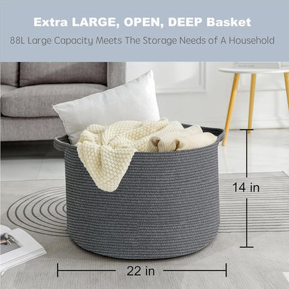 Large Dark Grey Storage Basket, Woven Cotton Rope Baskets for Storage, Big Blanket Organizer Storage Basket for Living Room, Kids Room Toy Storage Organizer Box, Blanket Keeper (22"X14")